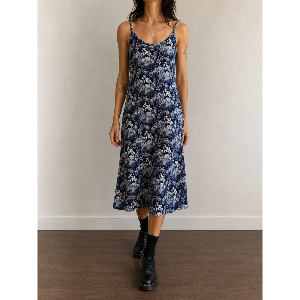 Vintage Blue Floral Rayon Slip Dress Maxi 90s Grunge Cottagecore Made USA-small